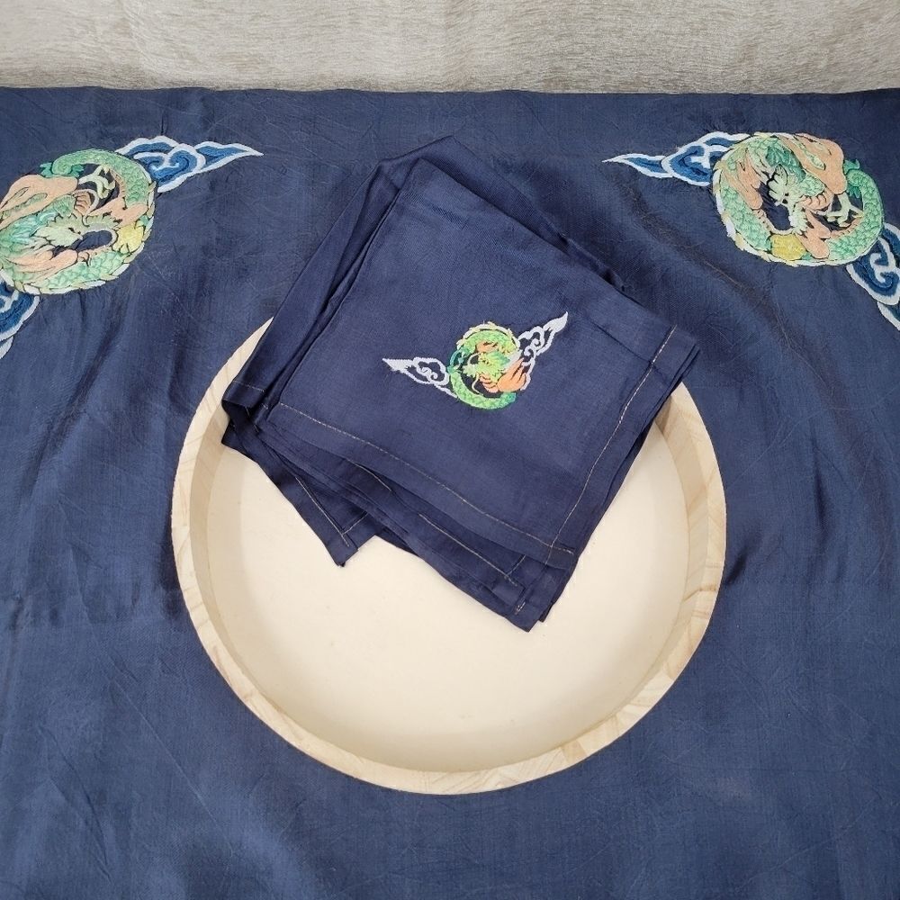 Silk Asian Fire Dragon Table Blue Embroidered Table Scarf and 4 Napkins